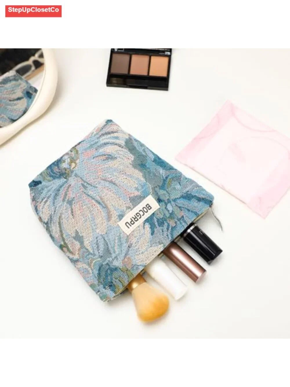 2-Piece Floral Jacquard Cosmetic Bag Set with Zipper, Travel Makeup Pouch
